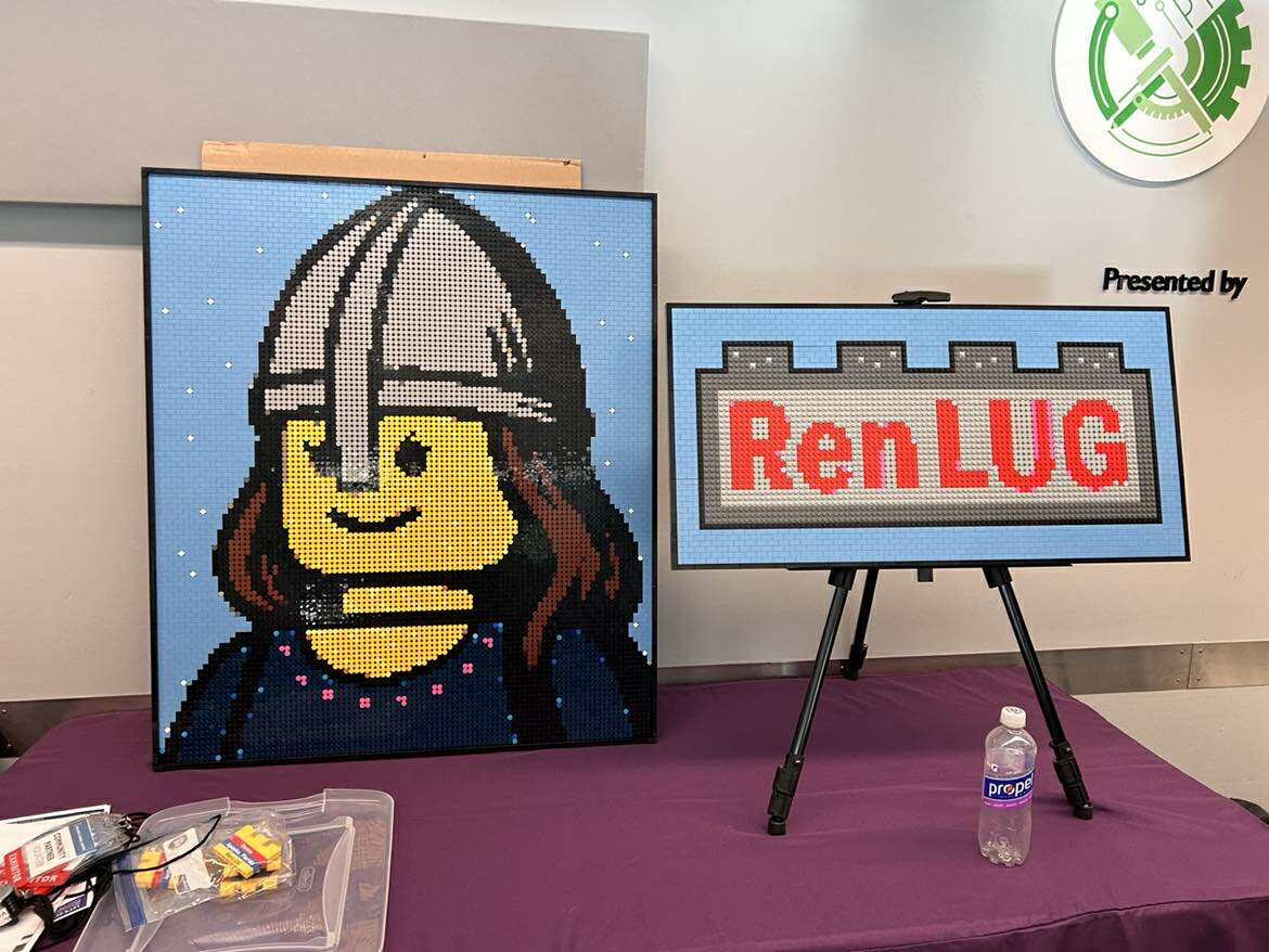 Double the creativity! RenLUG-themed mosaics bring Lady Ren and the RenLUG logo to life, one brick at a time.